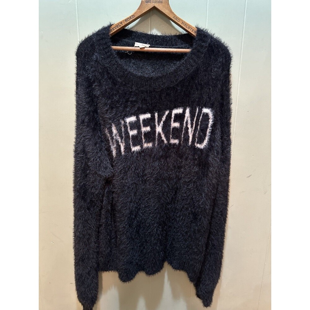 Hem & Thread Womens Fuzzy Sweater Size Lg Black "Weekend" Crew Neck Long Sleeve